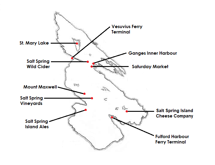 All the must see spots on Salt Spring Island. Note the two ferry terminals and the town of Ganges.